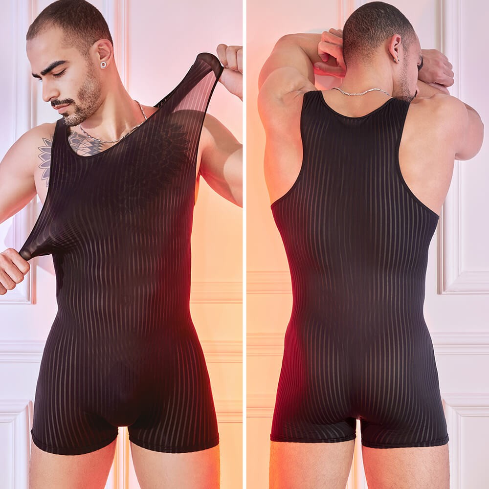 MEN'S STRIPED SEE THROUGH FITNESS WRESTLING SINGLET BODYSUIT ONE-PIECE JUMPSUIT