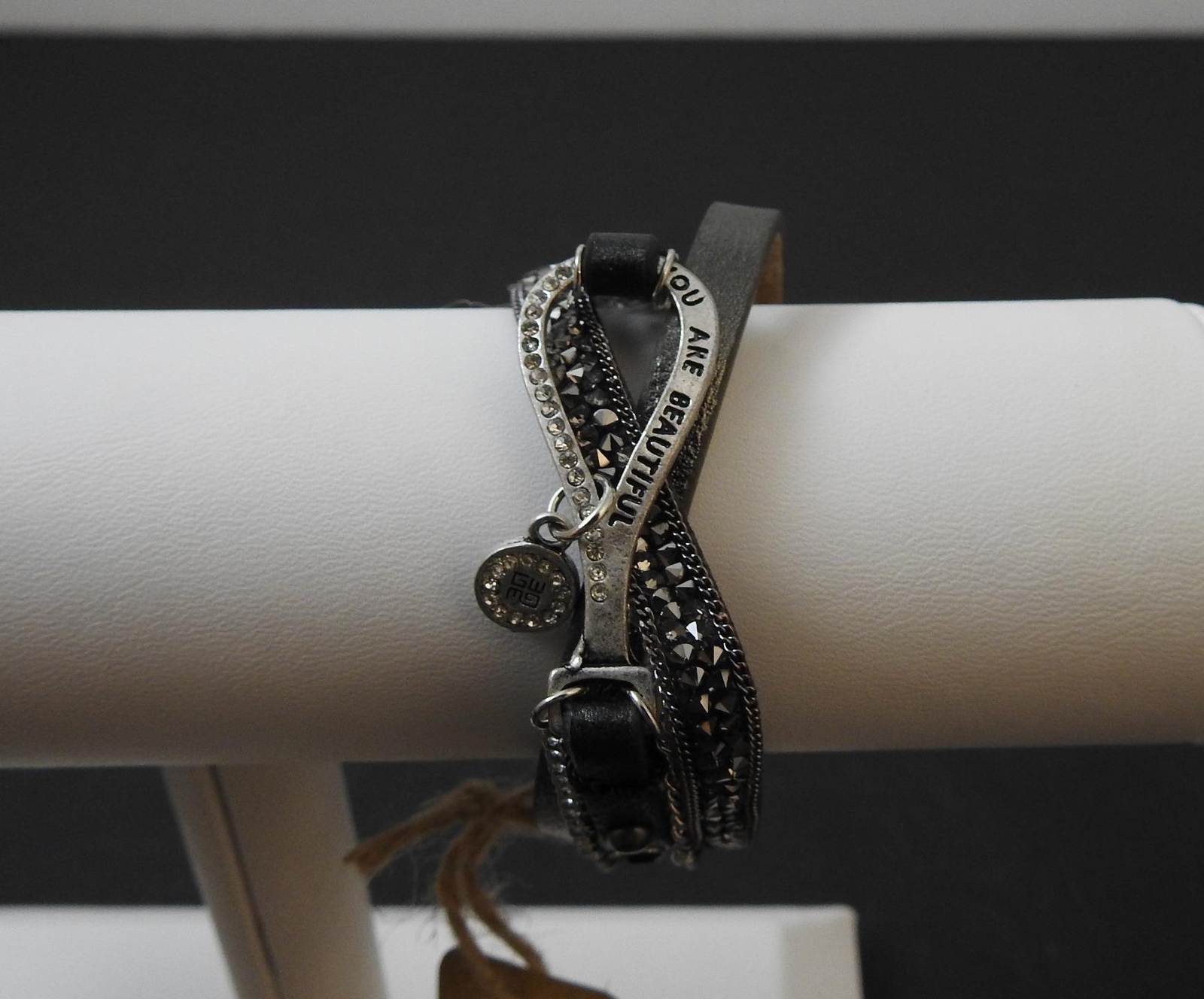 Trio Band Message You Are Beautiful Leather Crystal Metal Stackable Bracelet 8"