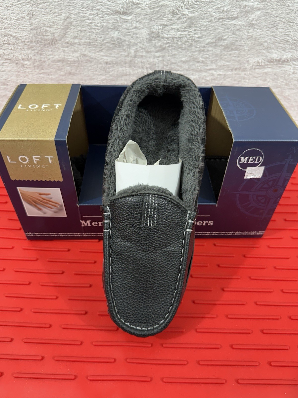 Men's LOFT SLIPPERS Memory Foam Ultra Soft Gray Black with Plaid accent Sz M 7-8