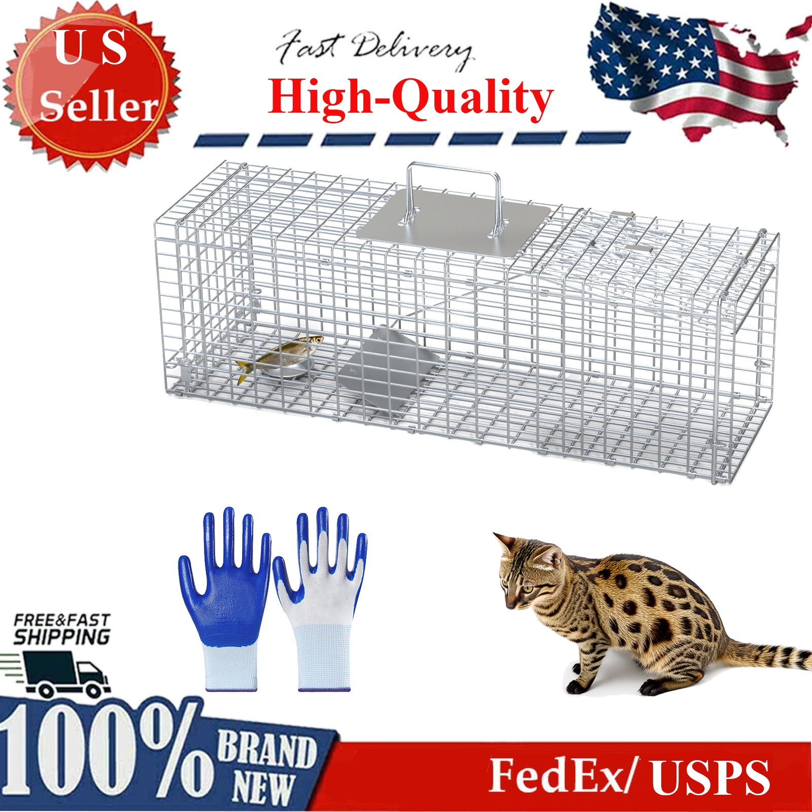 Live Animal Trap Cage Folding Catch &Release Steel Humane Cat Trap Space-Saving