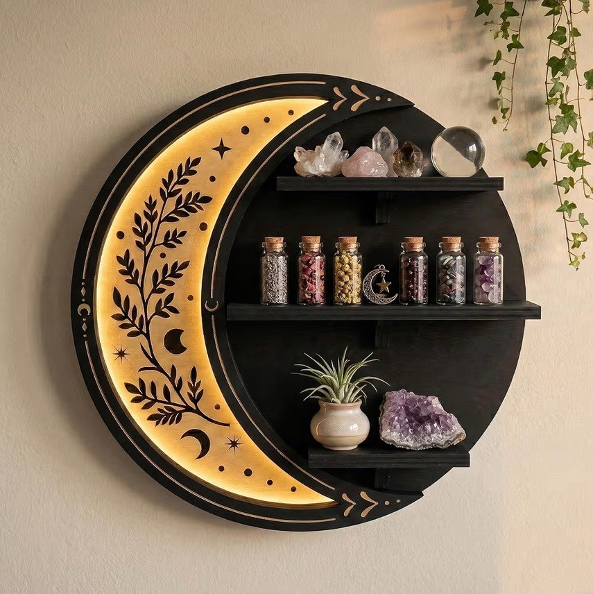 Moon-Shaped Wall Shelf | Handcrafted Wood, LED Lighting, Floral, 3 Compartments