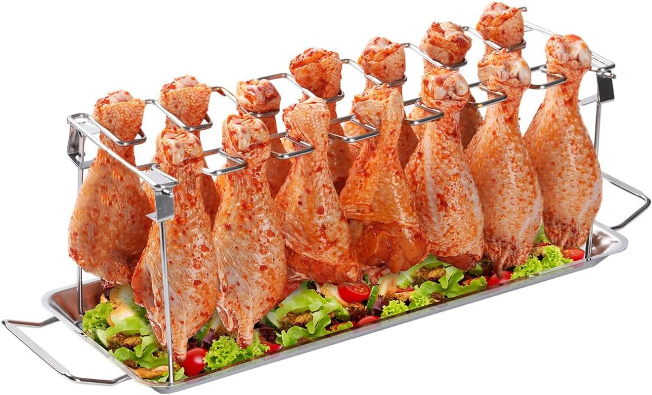 Chicken Leg Rack for Grill with Drip Tray - Easy to Use 14 Slots Chicken Wing Ra