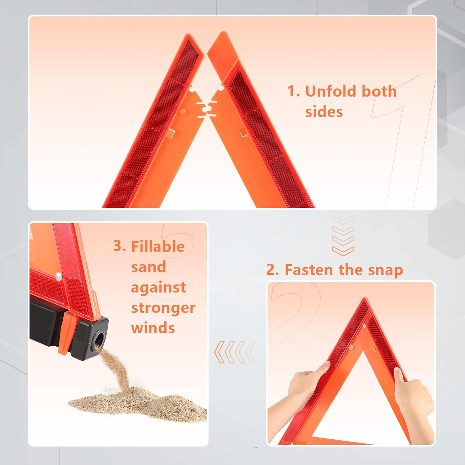 3 Pack Foldable Reflective Warning Triangles Heavy Base Roadside Safety Set DOT