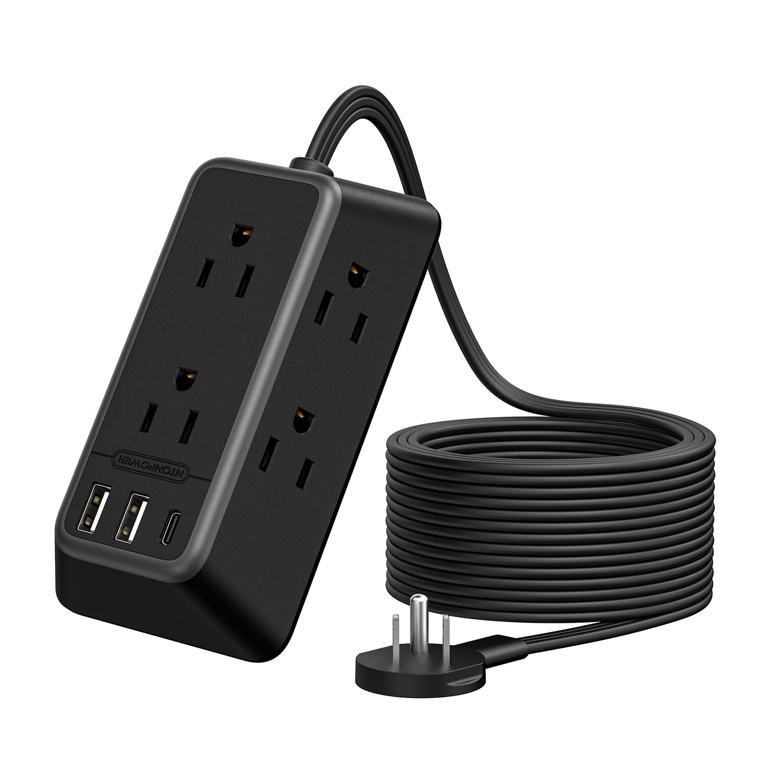 10 Ft Black Extension Cord Power Strip 6 Outlet 3 USB 1 USB C Wall Mounted