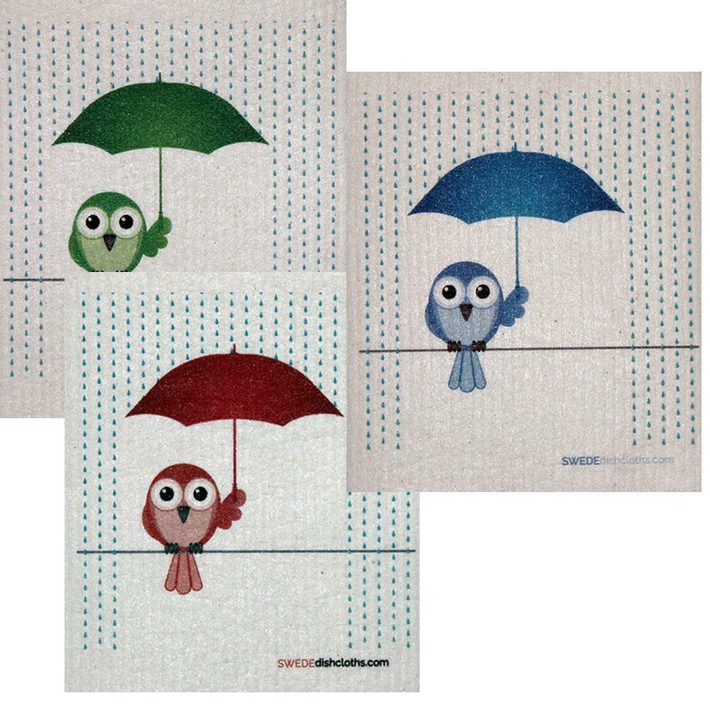 Mixed Birds in Rain Set of 3 each Swedish Dishcloths | ECO Friendly Absorbent Cl