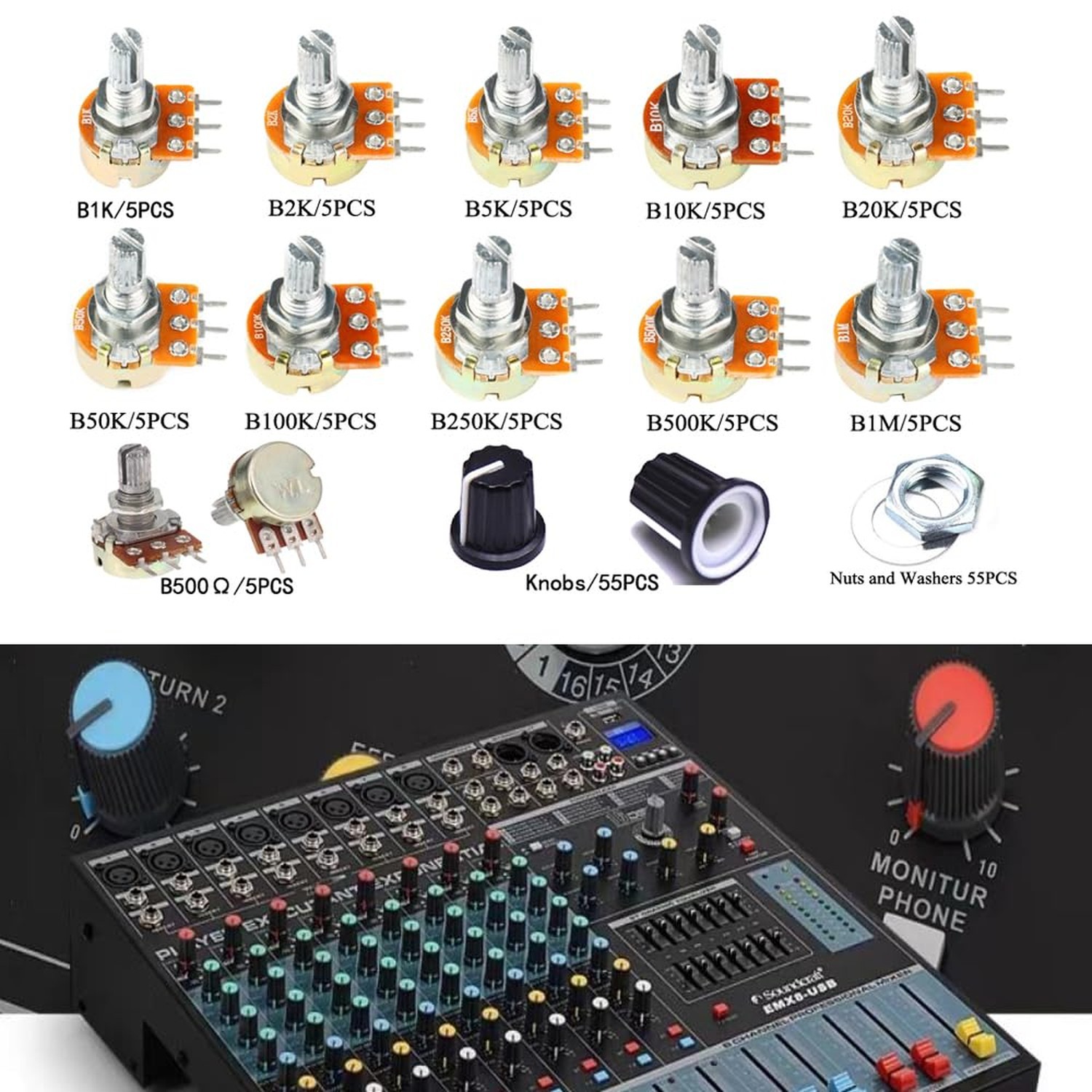 110Pcs Potentiometer Kit, Potentiometer Knobs, 11 Values 500 1K 2K 5K 10K 20K...