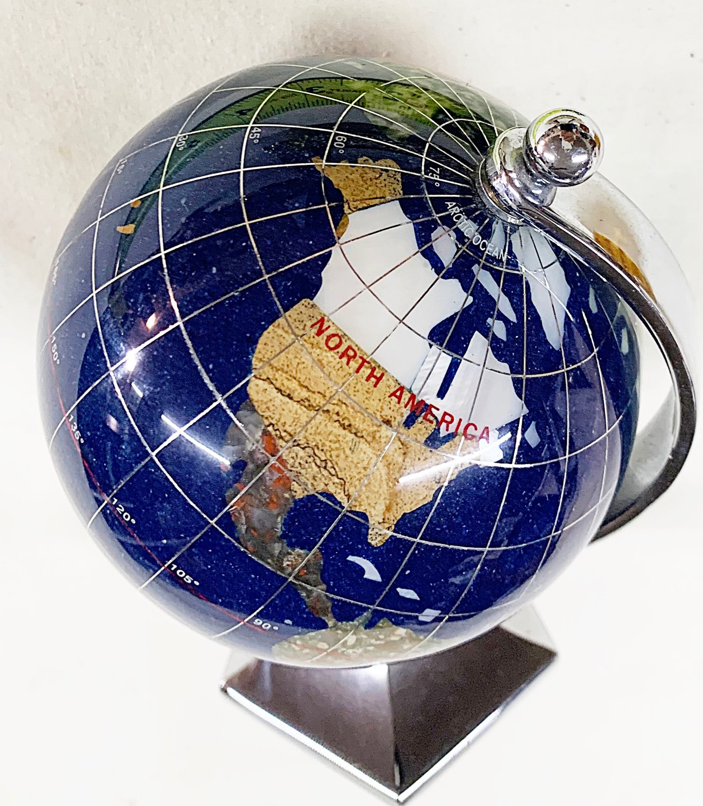 VINTAGE SMALL DESK/TABLE TOP COBALT BLUE WORLD GLOBE ON STAND PAPER WEIGHT