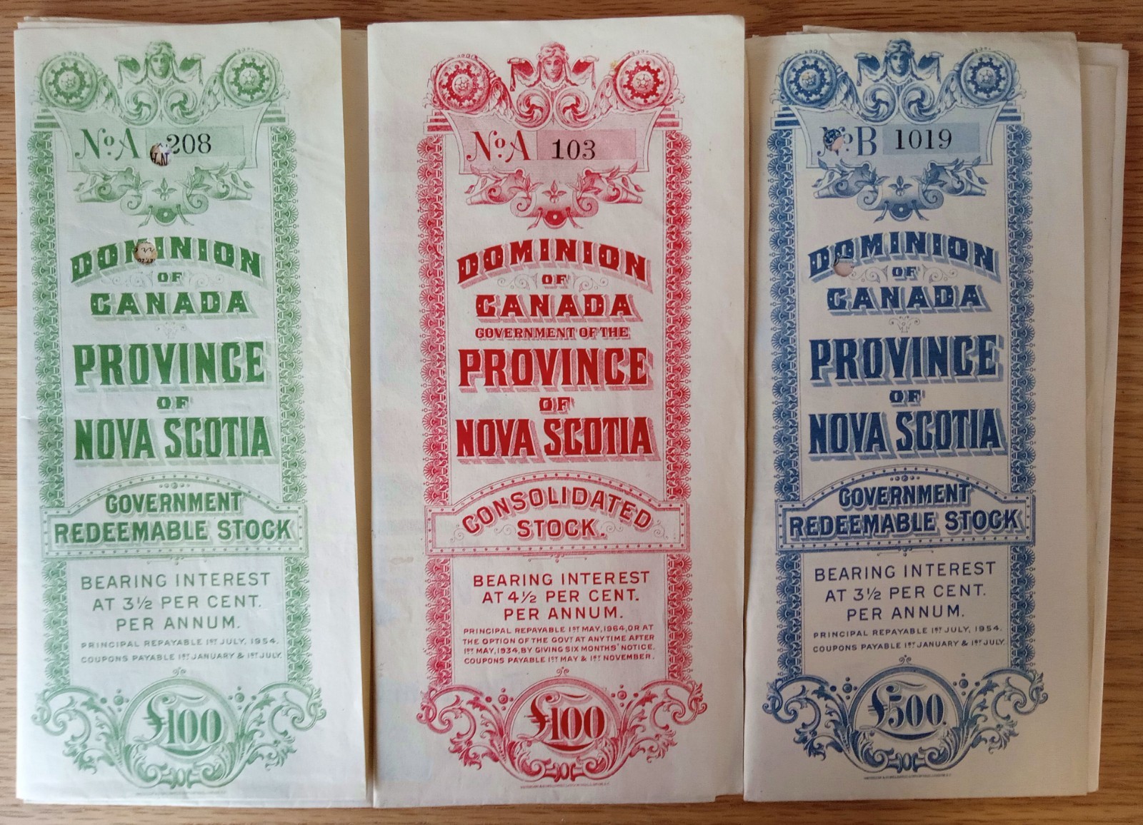 EARLY 1900's NOVA SCOTIA BONDS Red Blue Green/Many Coupons CV $300 as LOW as $75