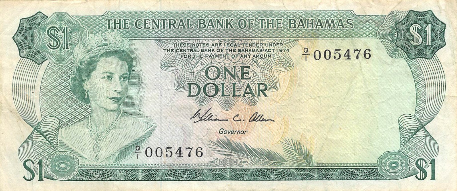 Bahamas  $1   Act. 1974  P 35b  Series  Q/1  Que. II  Circulated Banknote A16