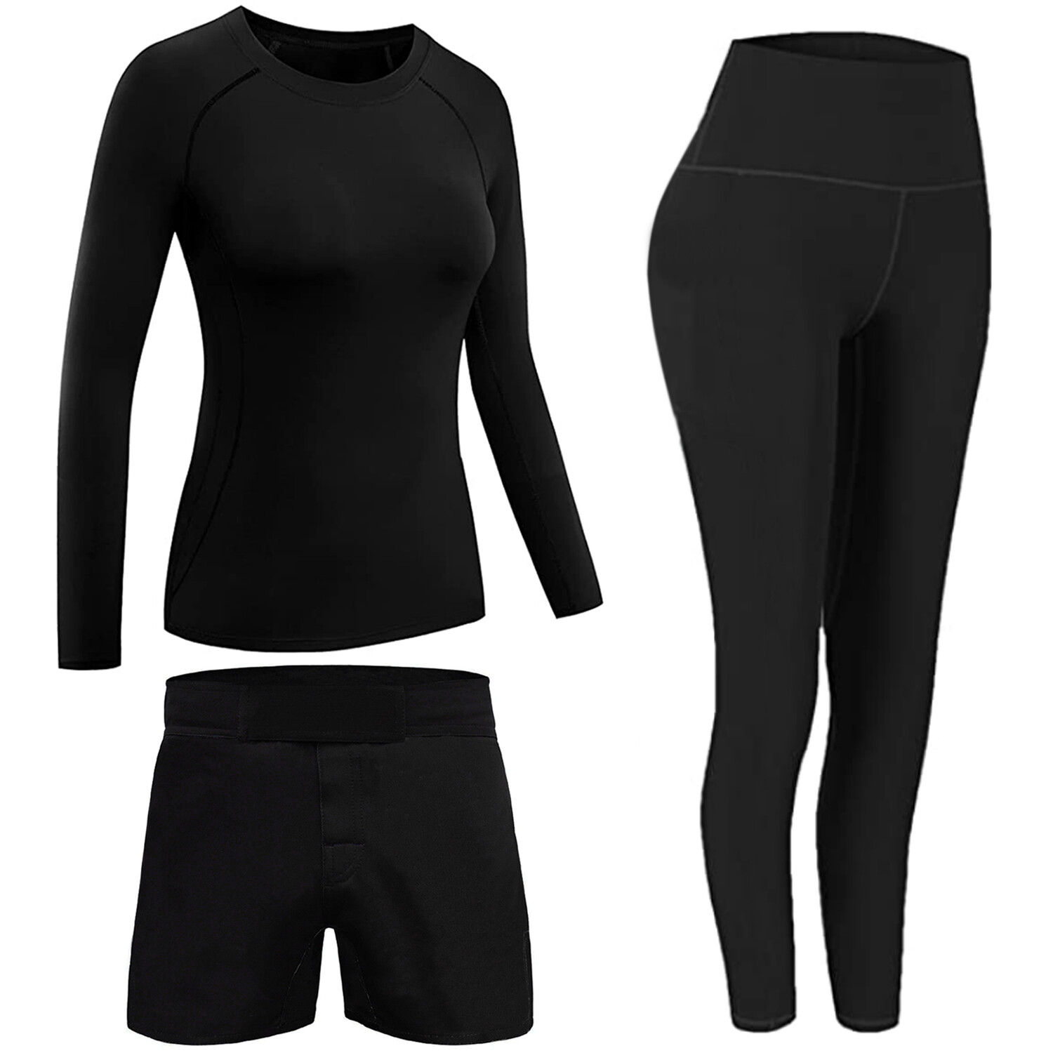 ROAR Women's Fight Wear Long Sleeve Rash Guards & MMA Shorts Black BJJ Leggings