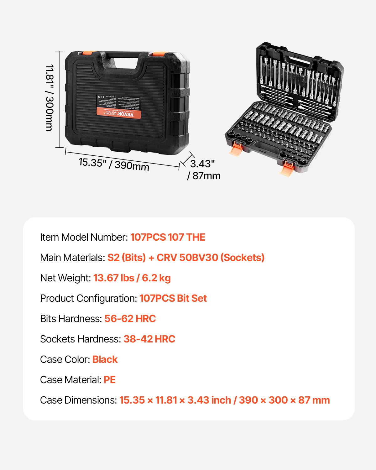 VEVOR Bit Socket Set 107-Piece SAE and Metric Hex/Torx/E-Torx/Tamper-Proof