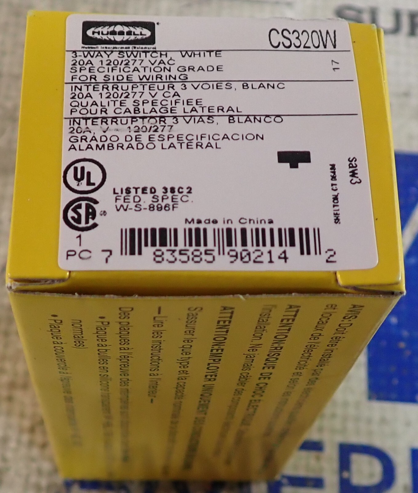 1 NEW - Hubbell 3 Way Switch CS320W White 20A 120/277VAC for Side Wiring
