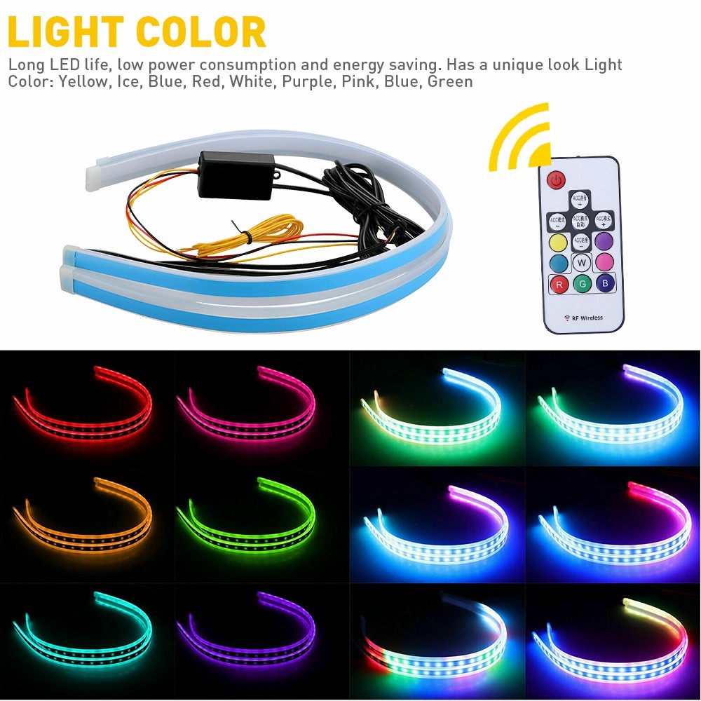 2x 60CM RGB Slim Sequential Flexible LED DRL Turn Signal Strip Remote Headlight