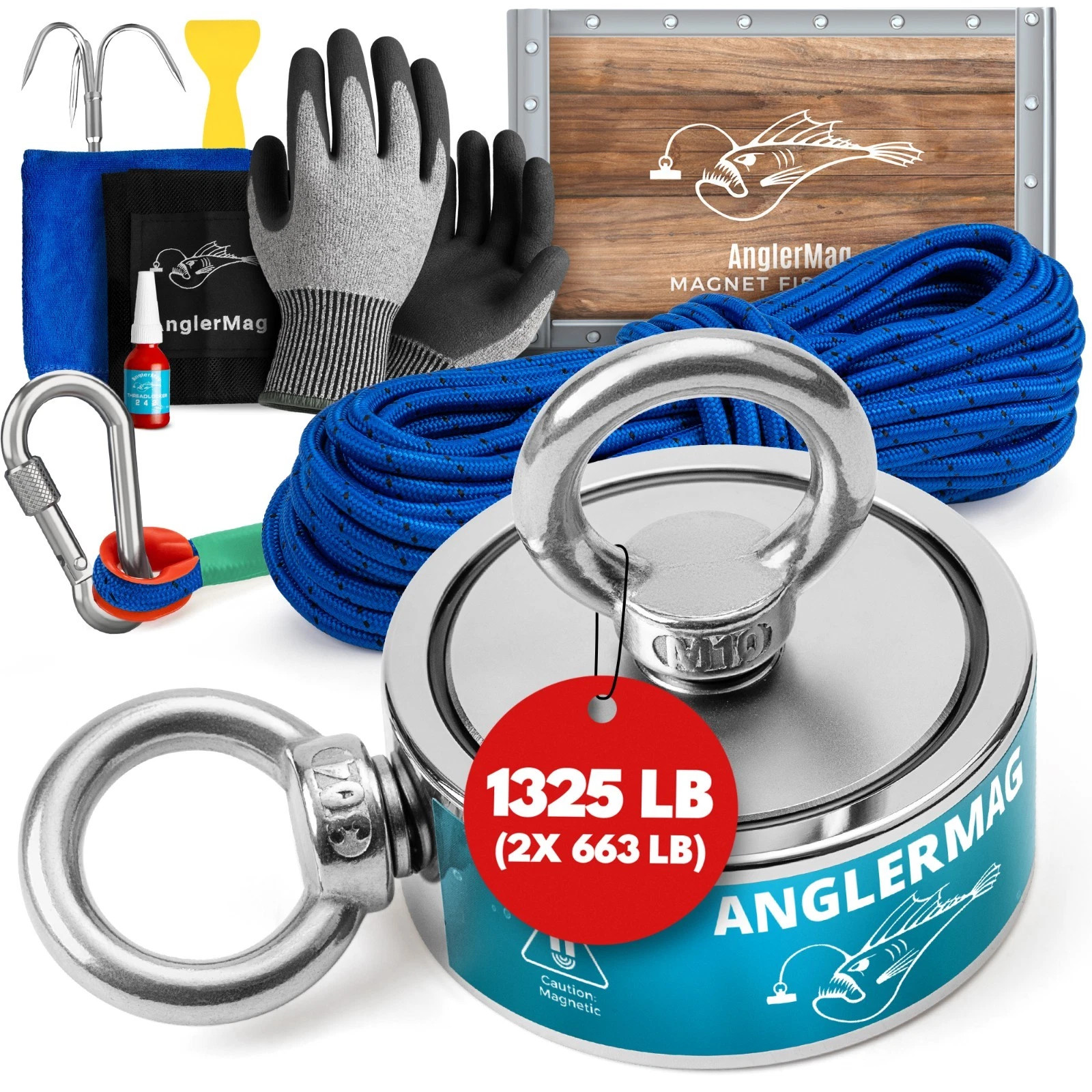 Strong Fishing Magnet Kit - AnglerMag Double Sided Magnetic Fishing Complete Kit