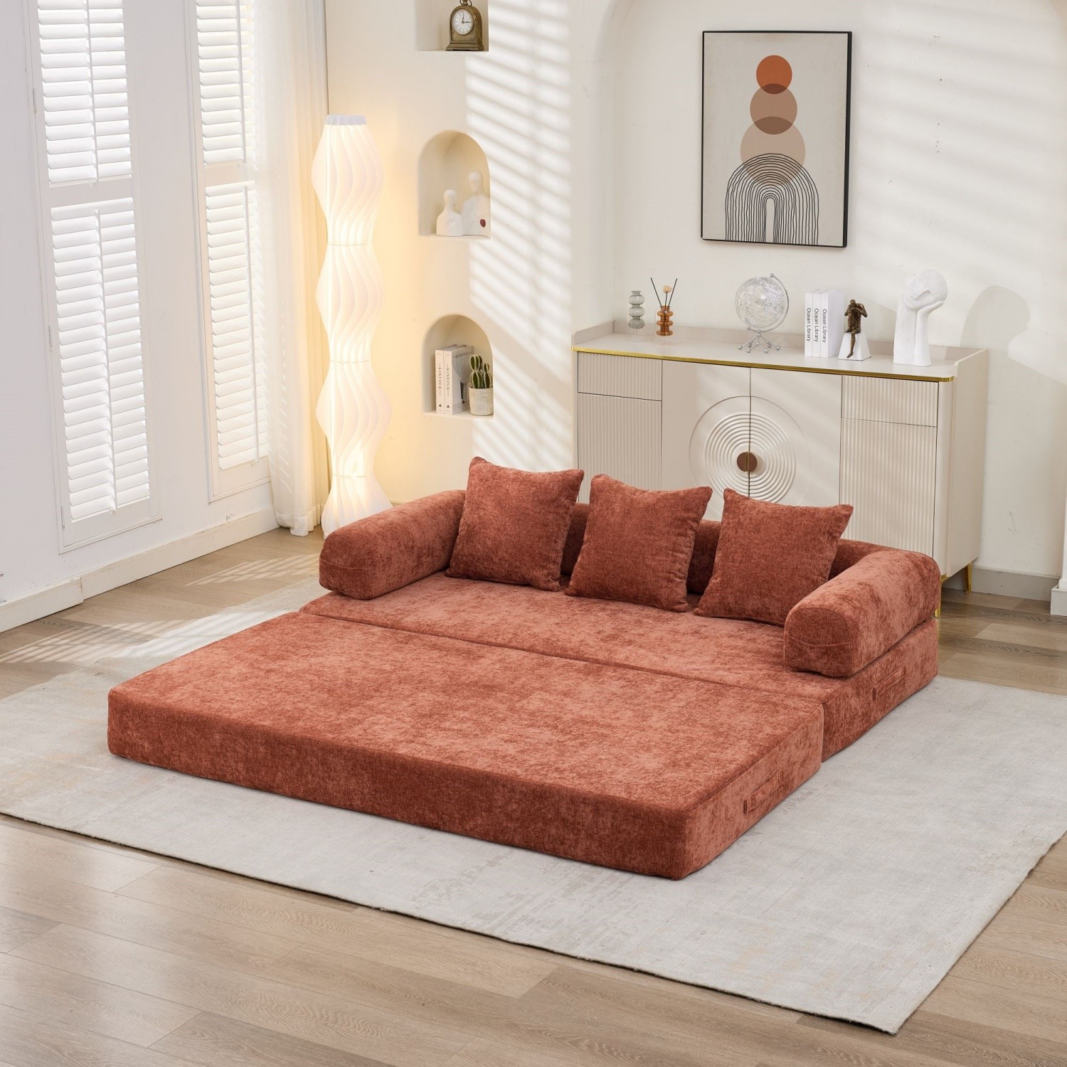 Modern Convertible Floor Sofa Bed Folding Mattress Couch with Armrests & Pillows
