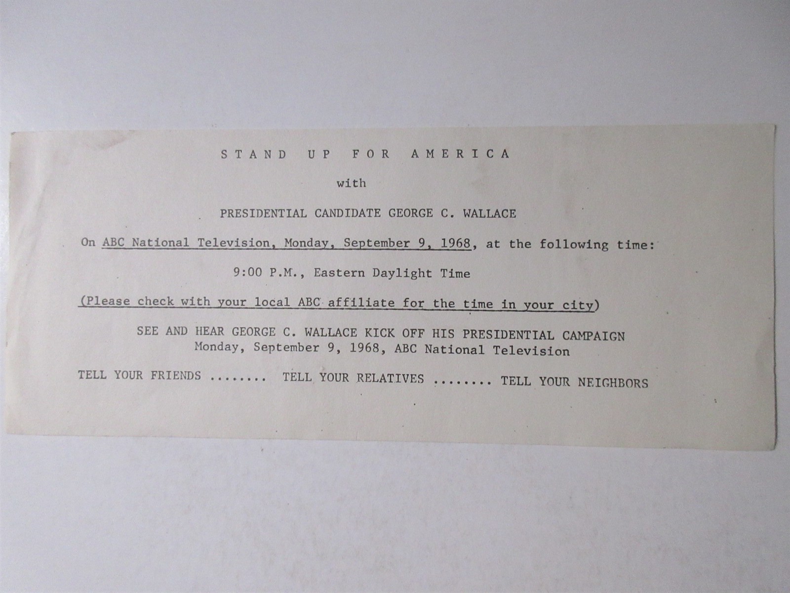 1968 Stand Up for America George Wallace Kick Off Presidential Campaign flyer ad