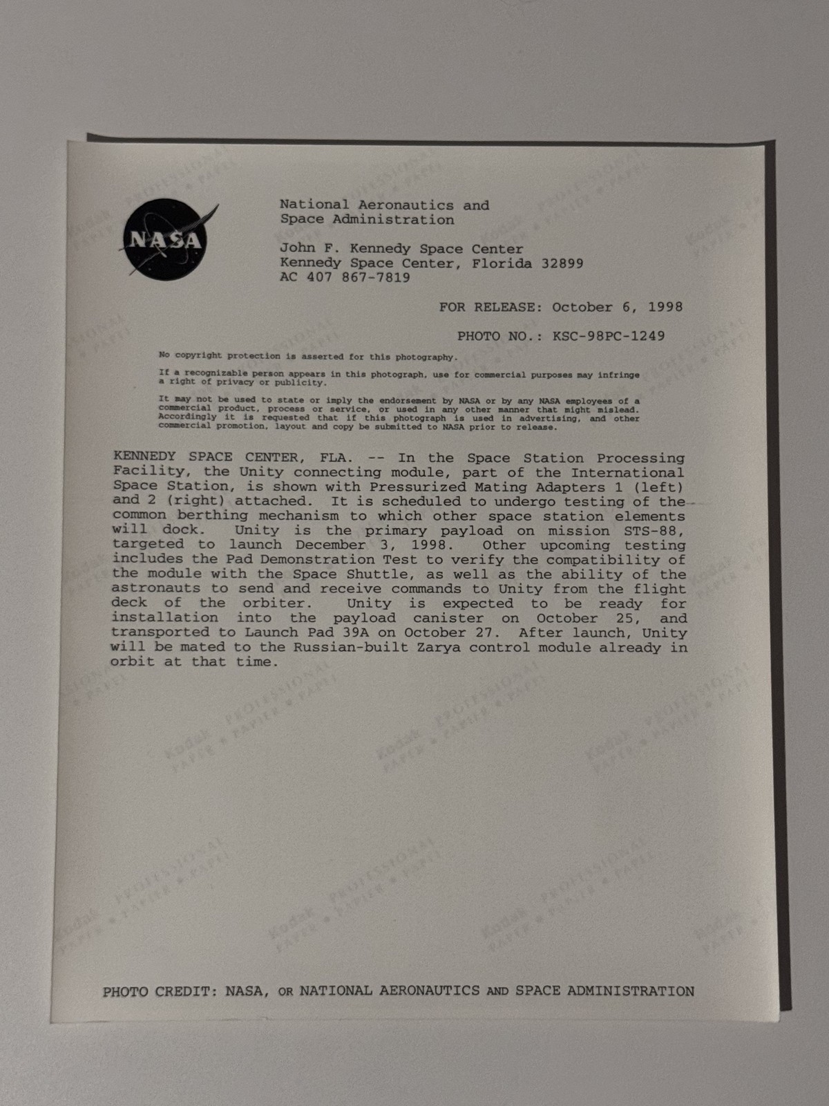 NASA STS-88 Unity Module With Pressurized Mating Adapters Press Photo