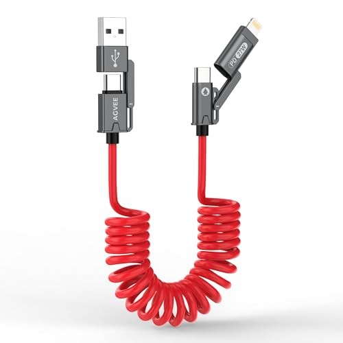 4-in-1 Coiled Multi USB C Charging Cable, Secure-Slide No-Loss 3ft Red 4 in 1