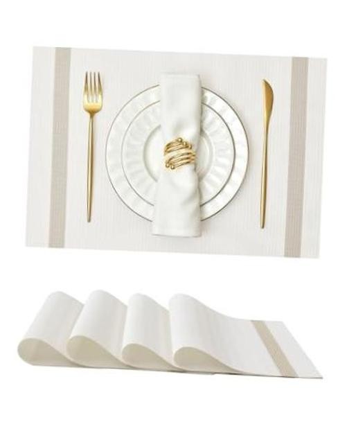 White Vinyl Woven Placemats - Washable Dining Set of 4 00- White With Stripes