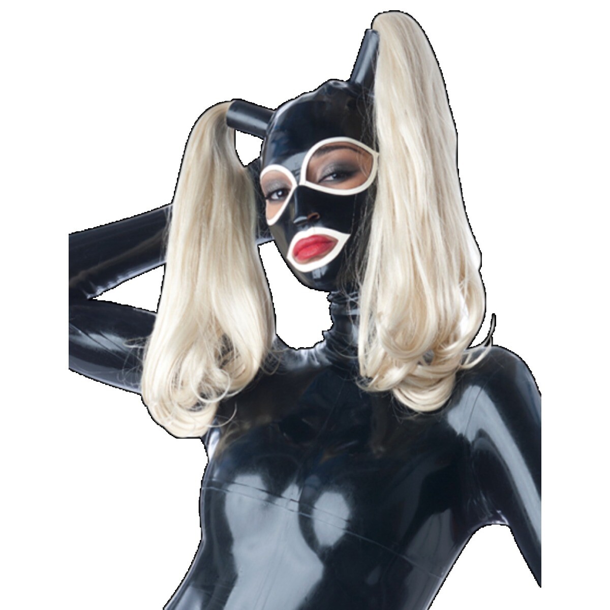 Handmade Latex Hood Mask with Hair 2 Wig Back Zip Hallowen Cosplay Costume