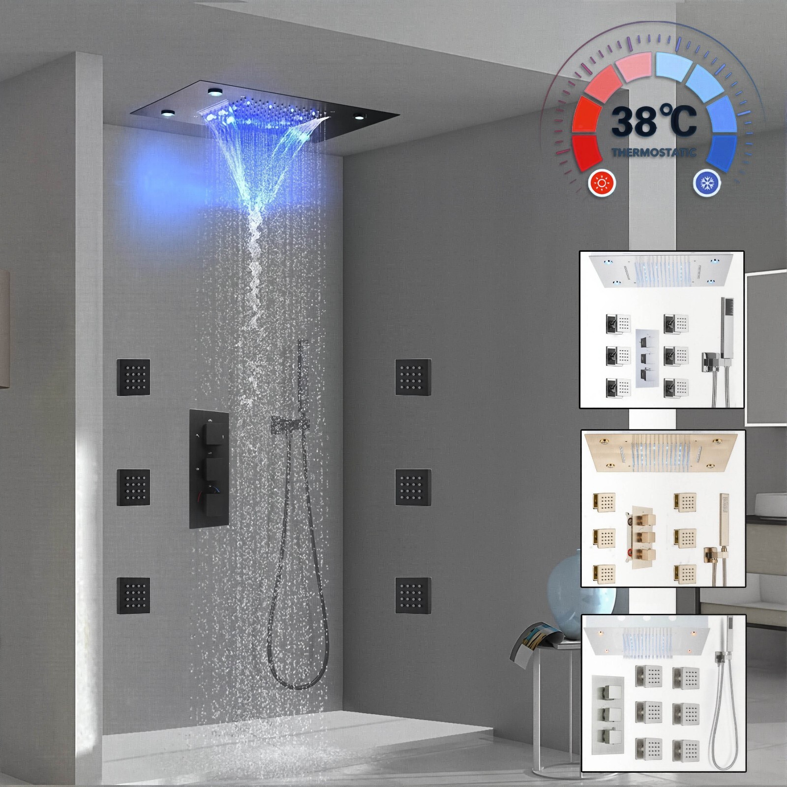 14×20'' LED Rain Waterfall Shower Faucet Message Jet System Head Combo Mixer Tap