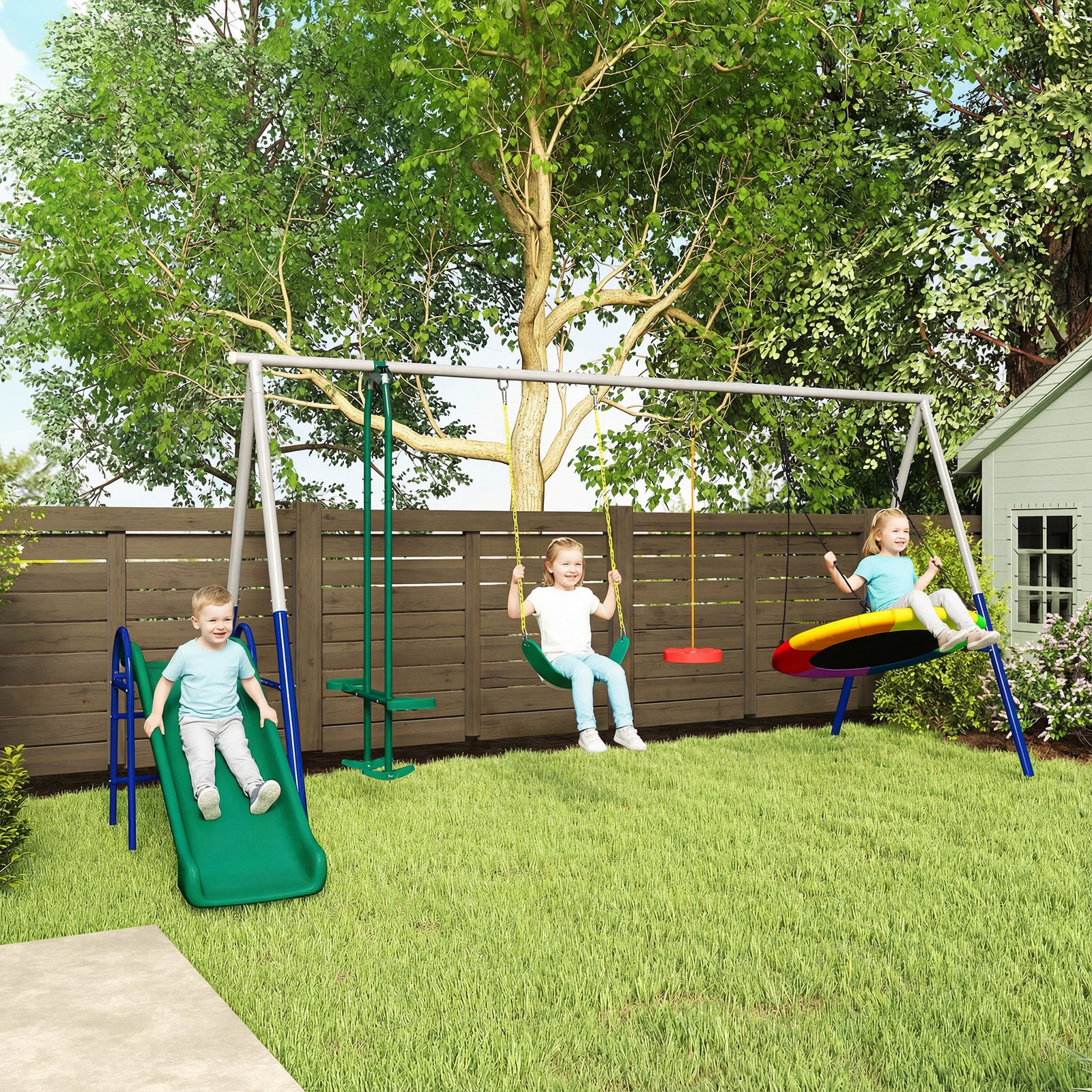 Qaba 5-in-1 Kids Swing Set for Backyard with Slide, 770lbs Capacity, Mixed