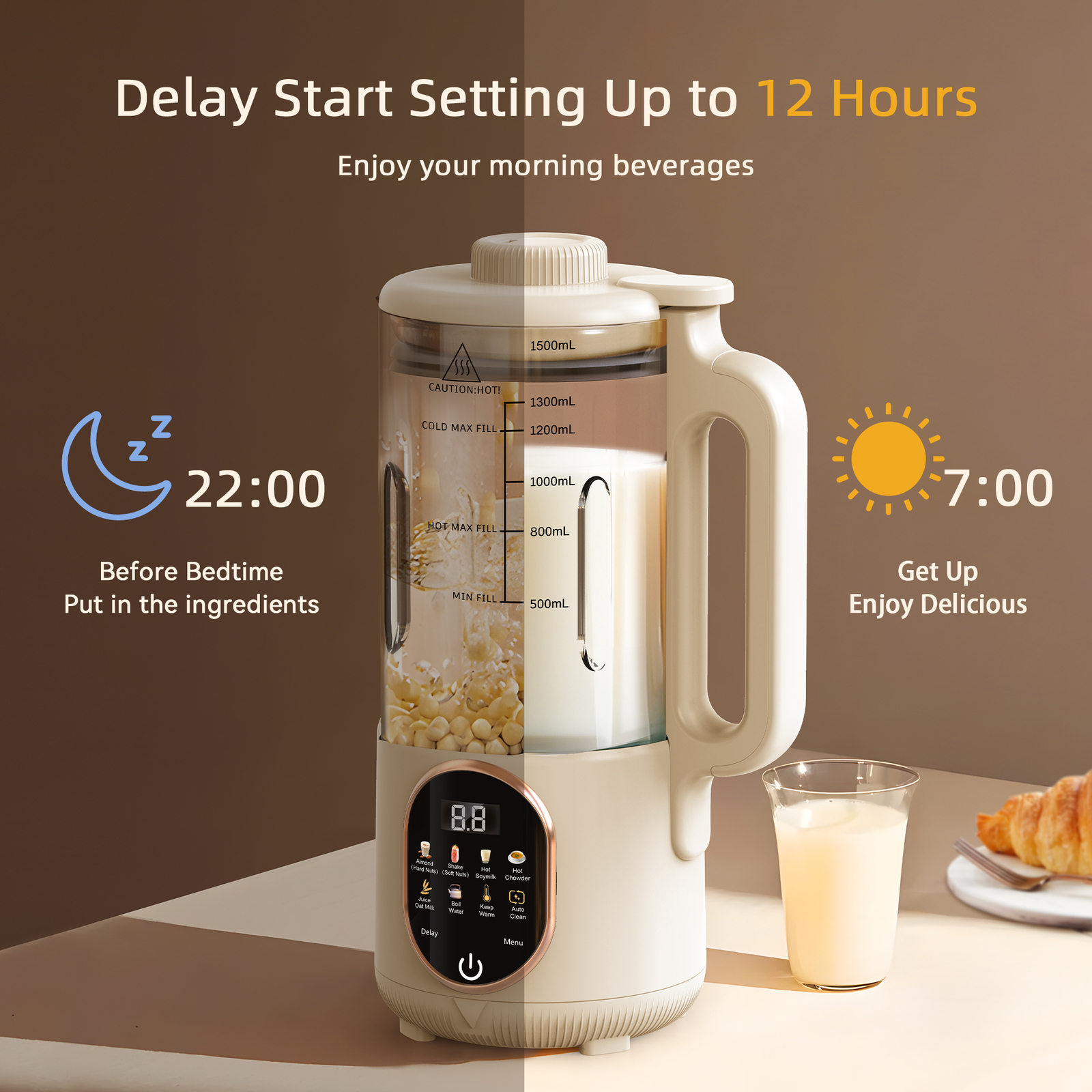50oz Automatic Nut Milk Maker, with Delay Start, Keep Warm, Boil Water (1500ML)
