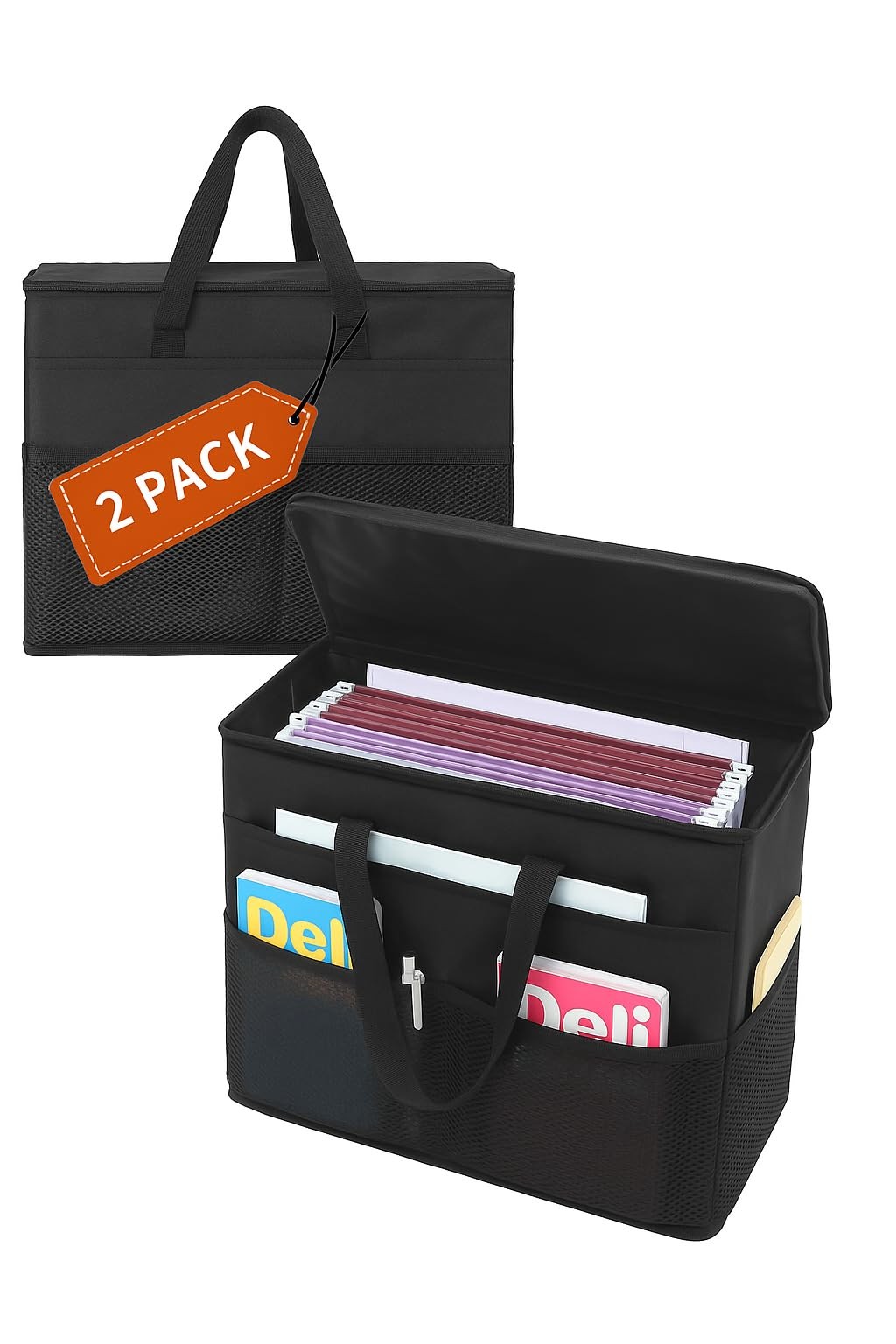 Qozary 2 Pack File Folder Organizer Box-Hanging File Tote Bag With Lids, Collaps