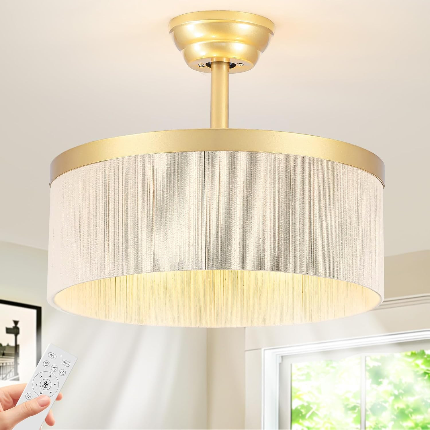 Boho Caged Ceiling Fan with Light, Gold Rattan Fandelier with Remote | 6-Speed C