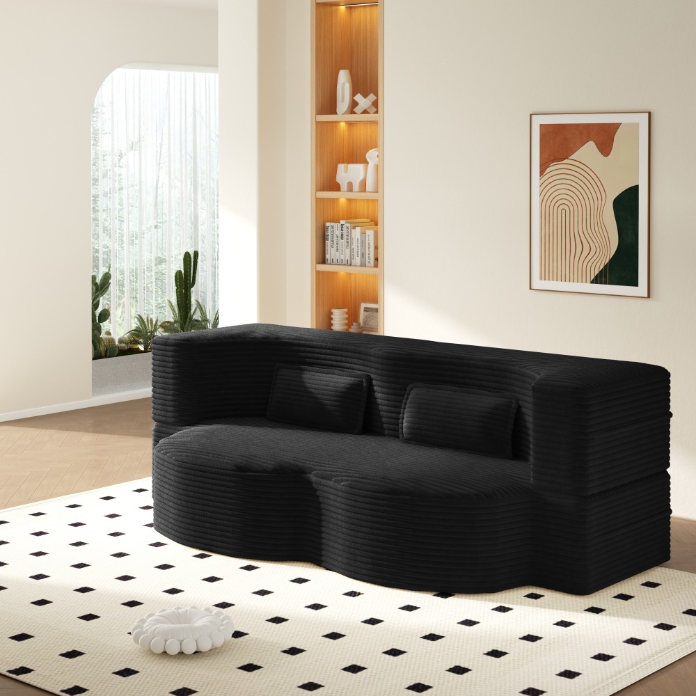 Corduroy Twin Floor Sofa Bed w/ 2 Pillows, Foldable Sleeper Couch, Black