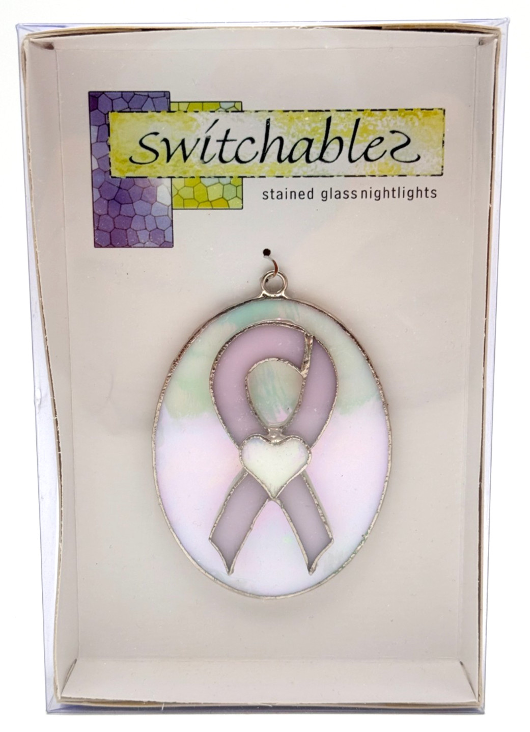 Switchables Cancer Ribbon Stained Glass Night Light Cover Sun Catcher - Vtg/New