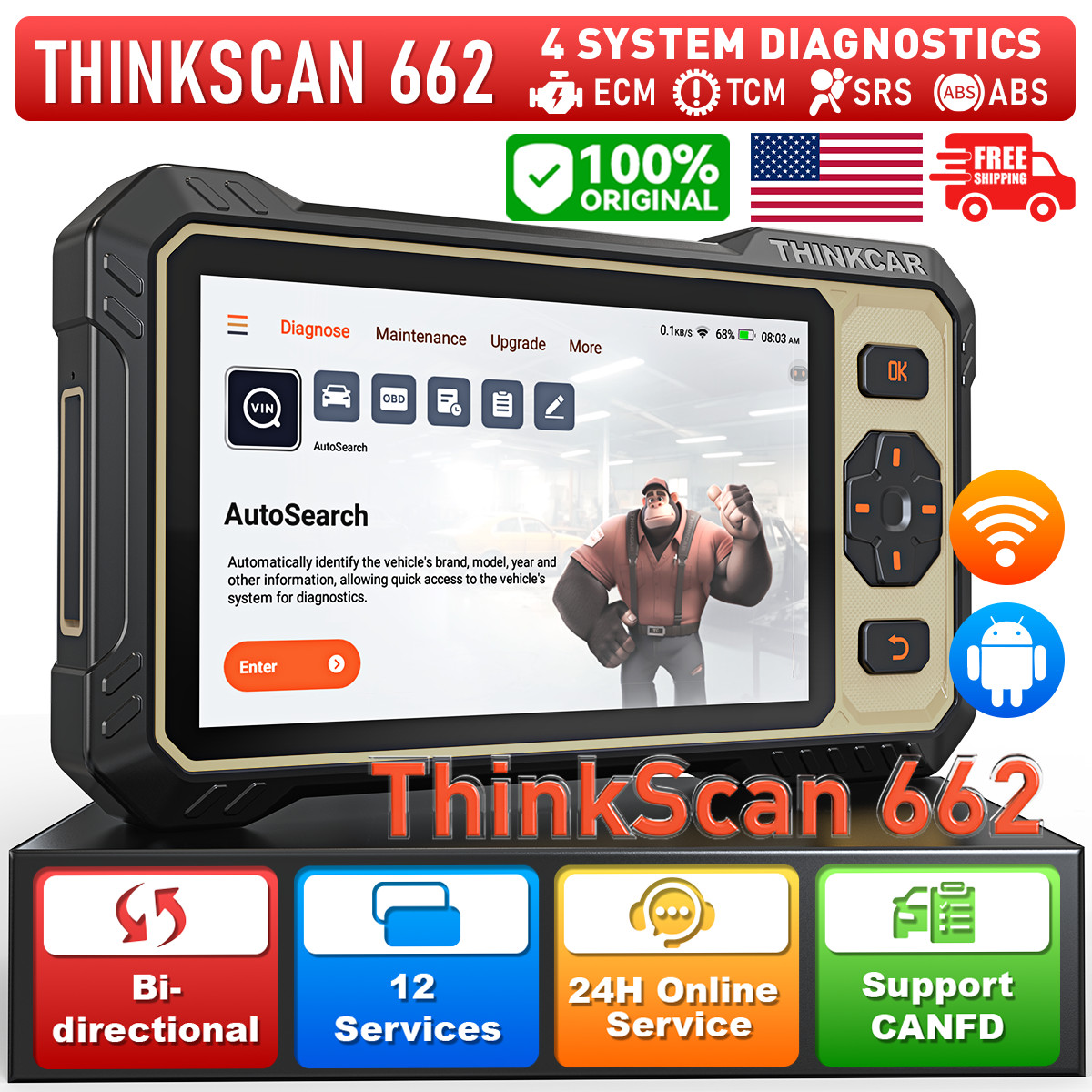 2026 ThinkScan 662 Car OBD2 Diagnostic Tool Auto Scanner 4 System 12 Service US