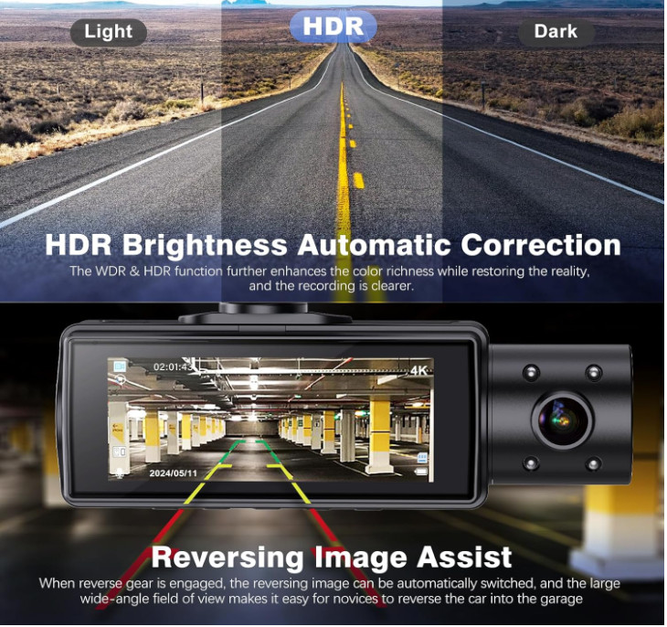 SHRINLUCK 4K+1080P+1080P 5.8GHz WiFi Dash Cam Front and Rear Inside, 64G SD