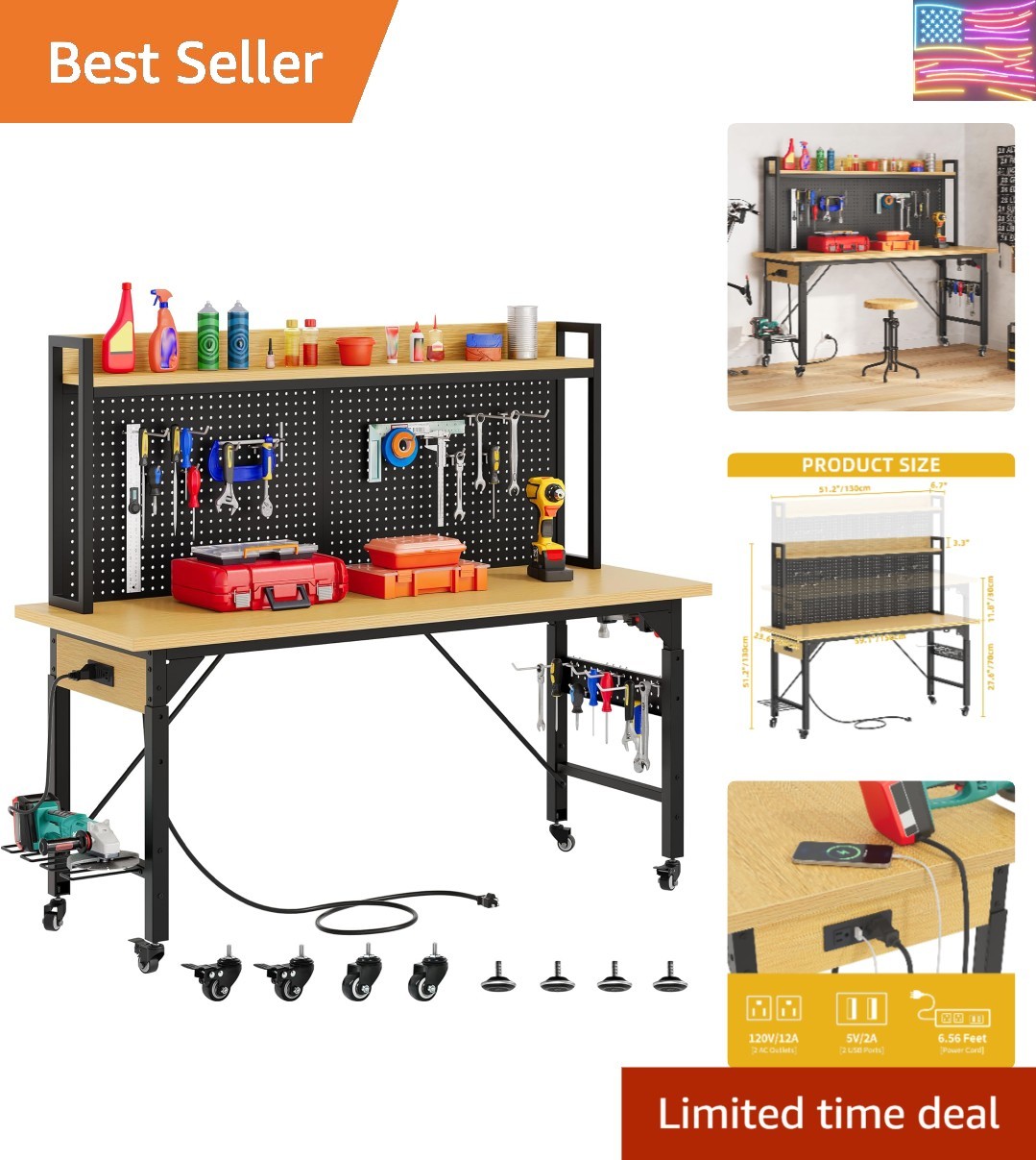 60" Adjustable Workbench with Pegboard, Heavy Duty Wood Top Work Bench with W...