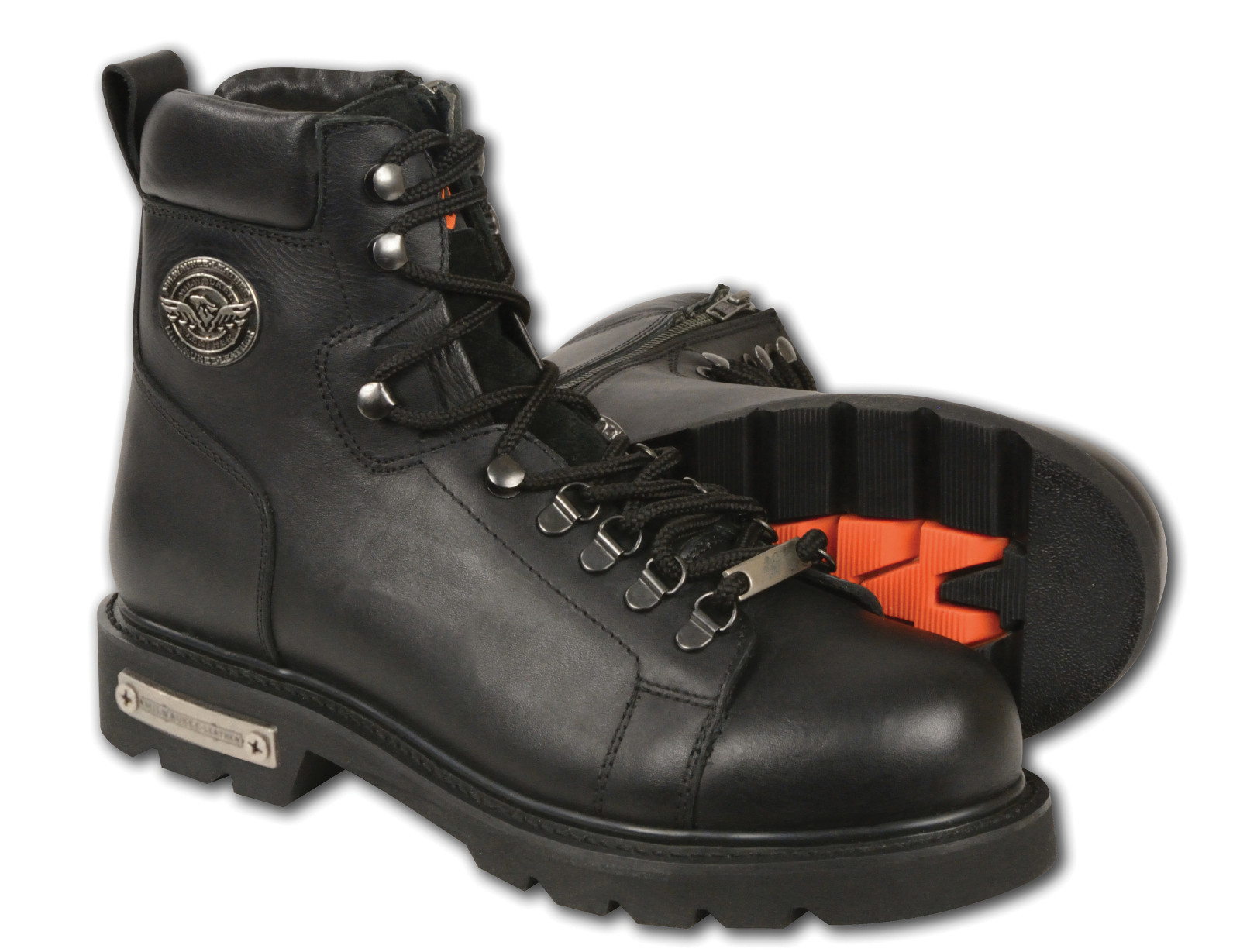 Mens Black Leather Lace to Toe Boots w/ Upper Clasps & Side Zipper Entry