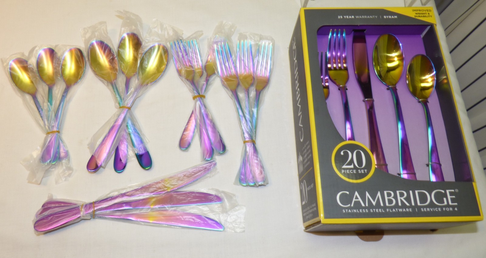 NEW Cambridge BYRAM 20 Pc RAINBOW Color TITANIUM Plating FLATWARE Set Serving 4