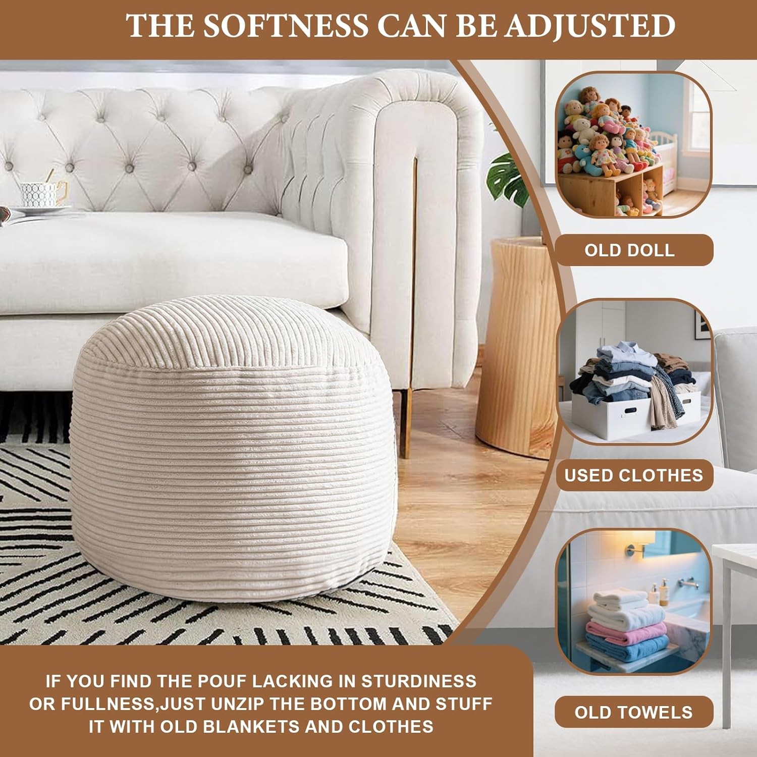 Foot Stools Ottoman,Round Stuffed Pouf Ottoman Corduroy Poufs W/ Foam Chunk