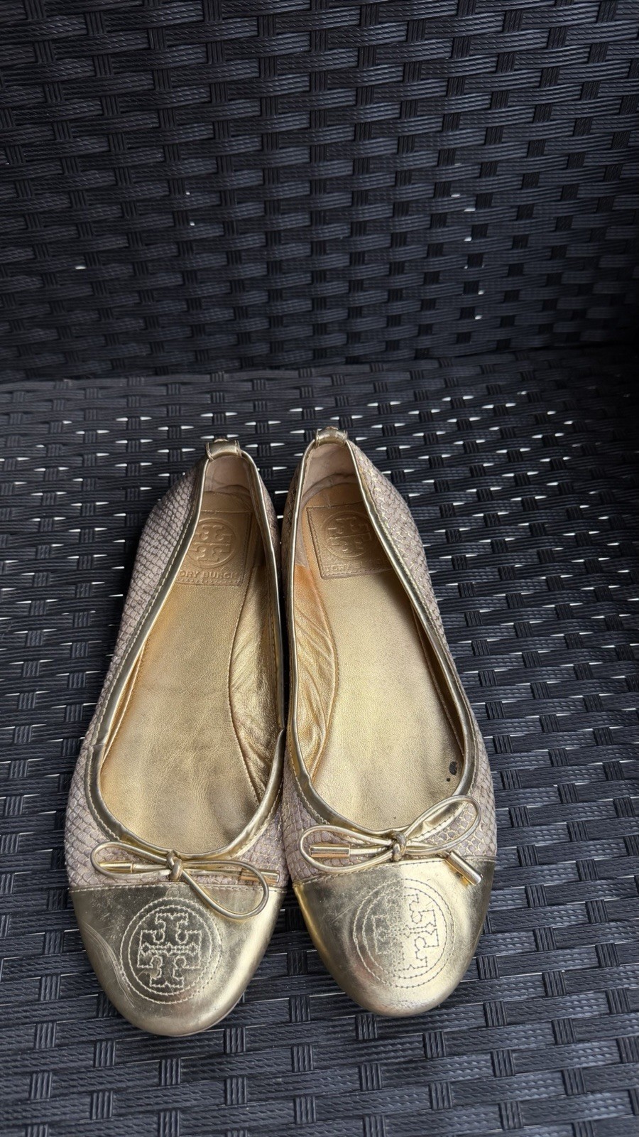 Tory Burch Gold Reva Ballet Flats Logo Cap Toe Leather Snakeskin Office Chic 8