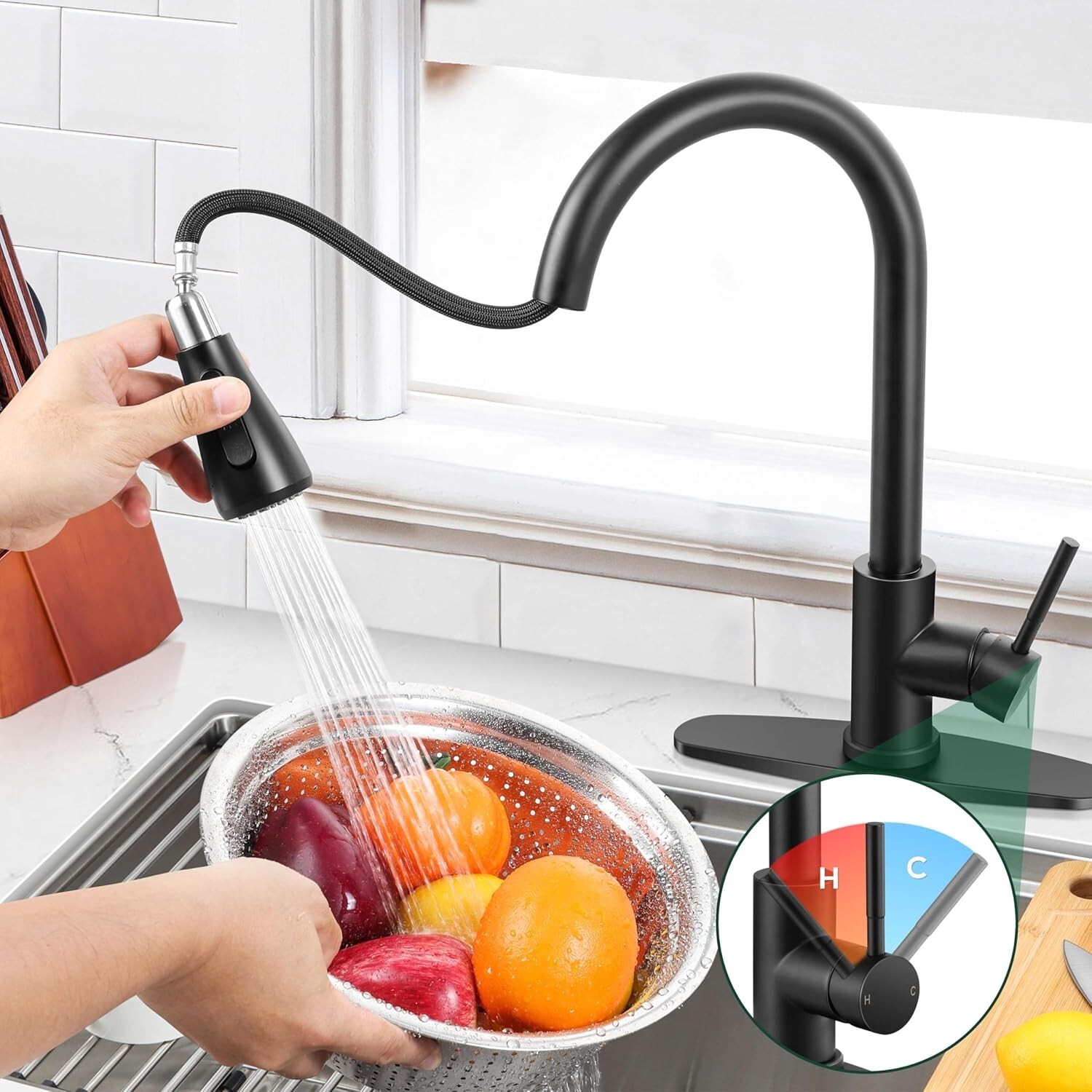 Pull Down Sprayer Kitchen Faucet with 10''Deck Plate &Soap Dispenser Matte Black