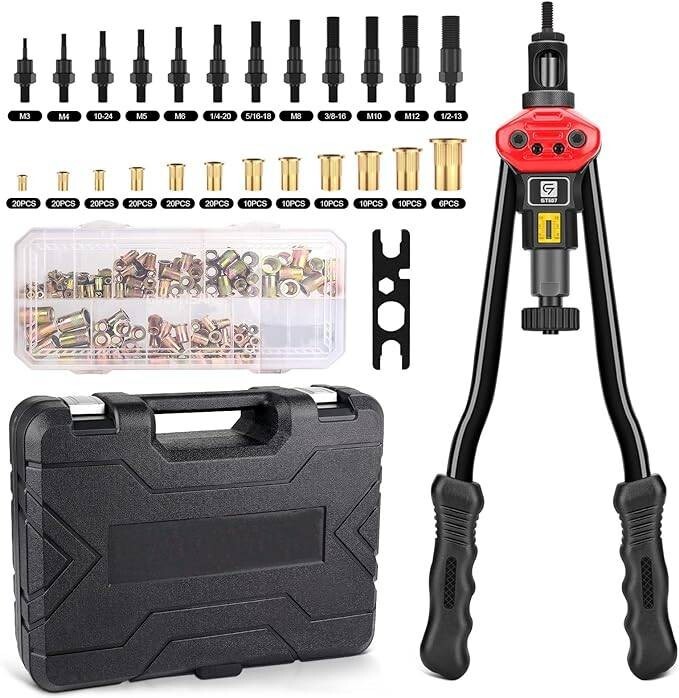 Kit de herramientas para tuercas remachables de 16 pulgadas con 12 mandriles.
