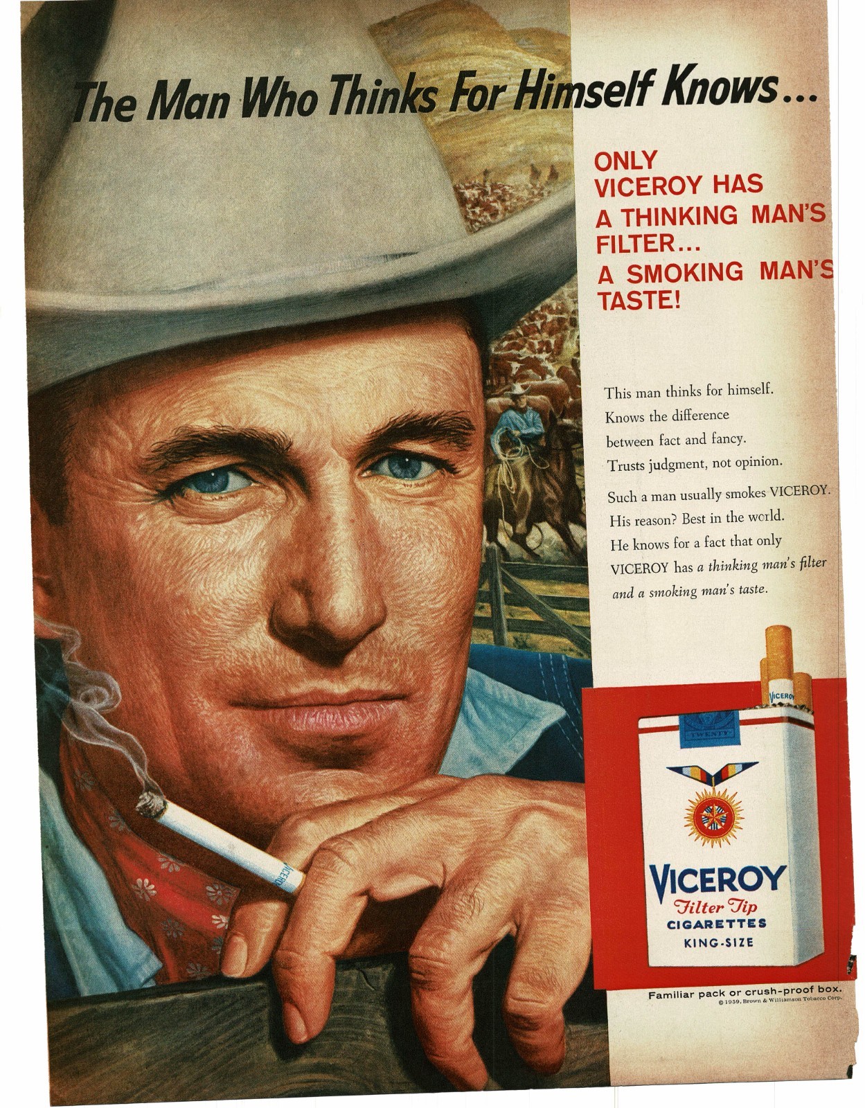 1959 Viceroy Cigarettes cowboy portrait art Slayton Underhill Vintage Print Ad