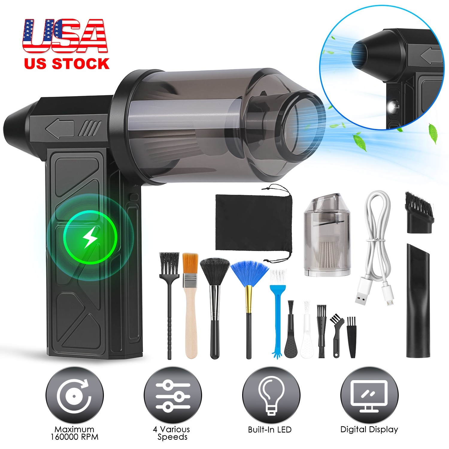 Mini Electric Compressed Air Duster Brushless 160000RPM Cordless Dust Air Blower