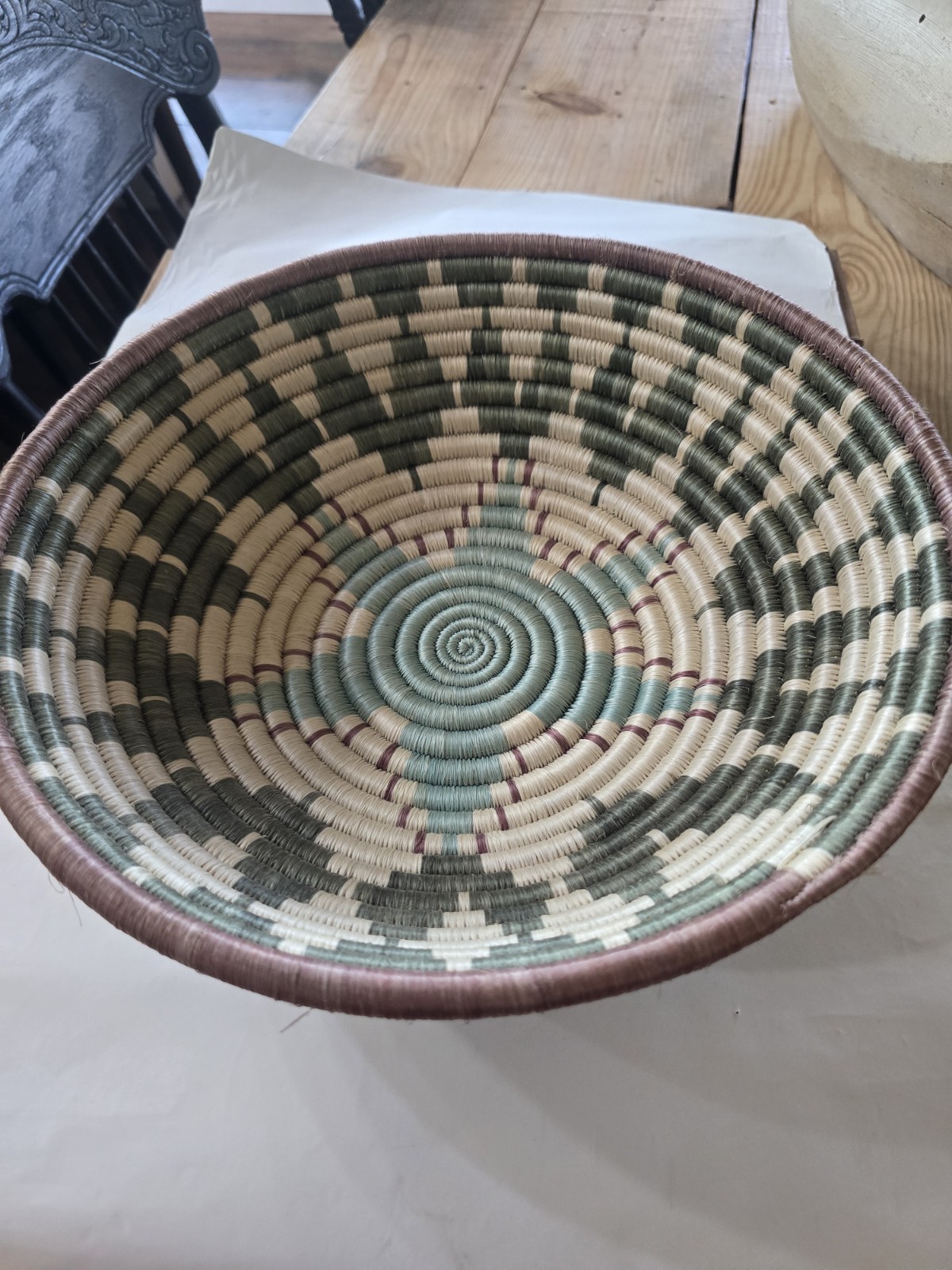 Handmade Southwestern Woven Storage Basket Green Beige Brown Spiral Geometric