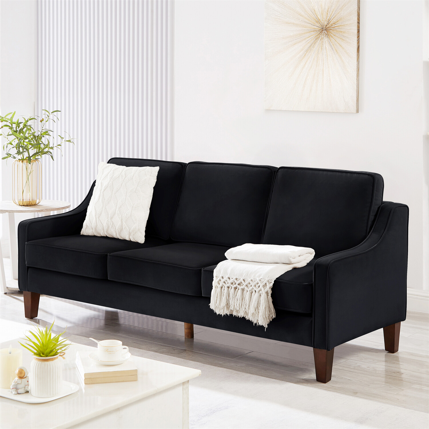 3-Seater Upholstered Sofa Couch Loveseat Sofa Modern Living Room Sofa Black