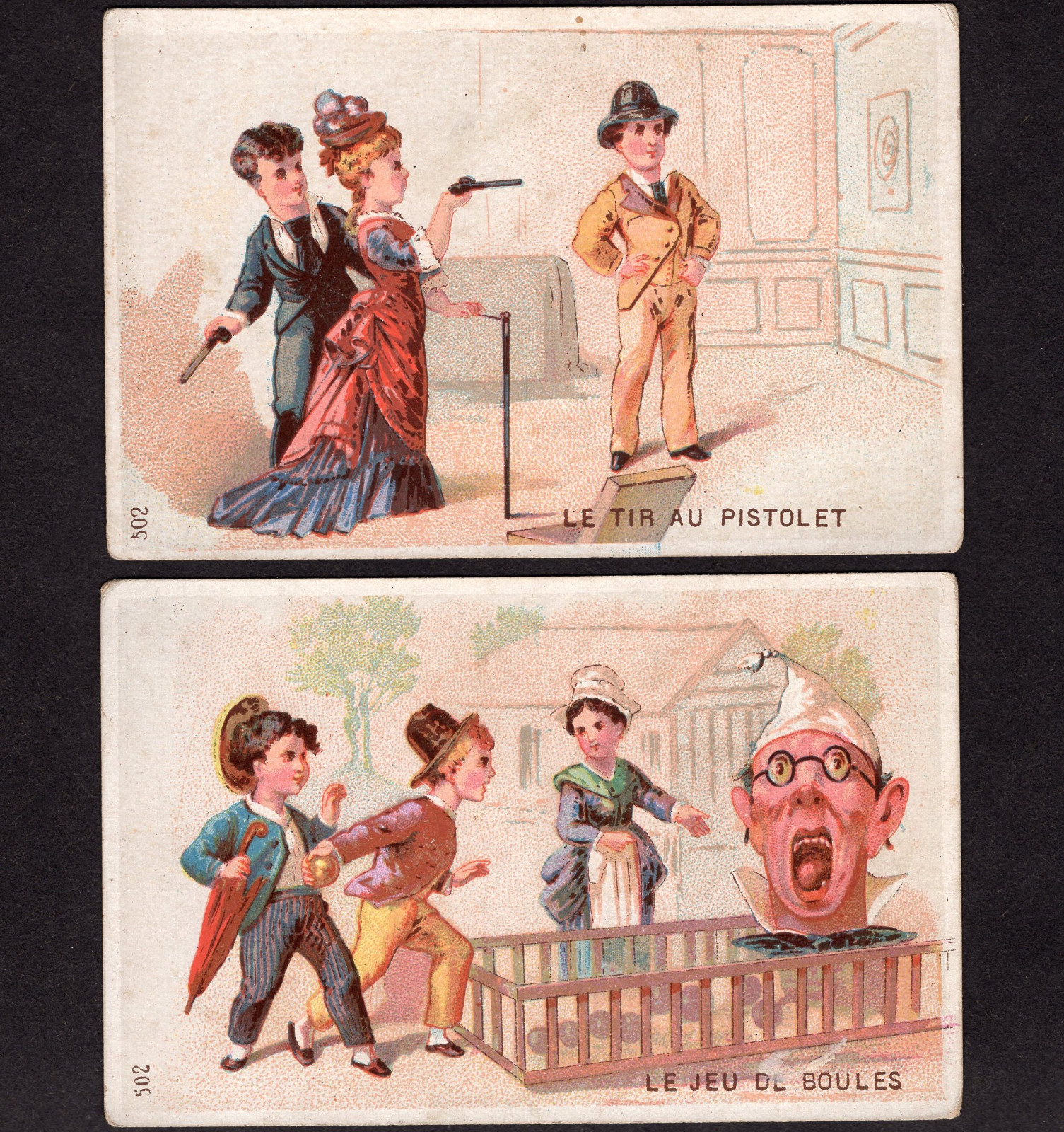 Arcade Pistol Shooting Ball Game c 1800's French Carnival Amusement Fair 2 Cards