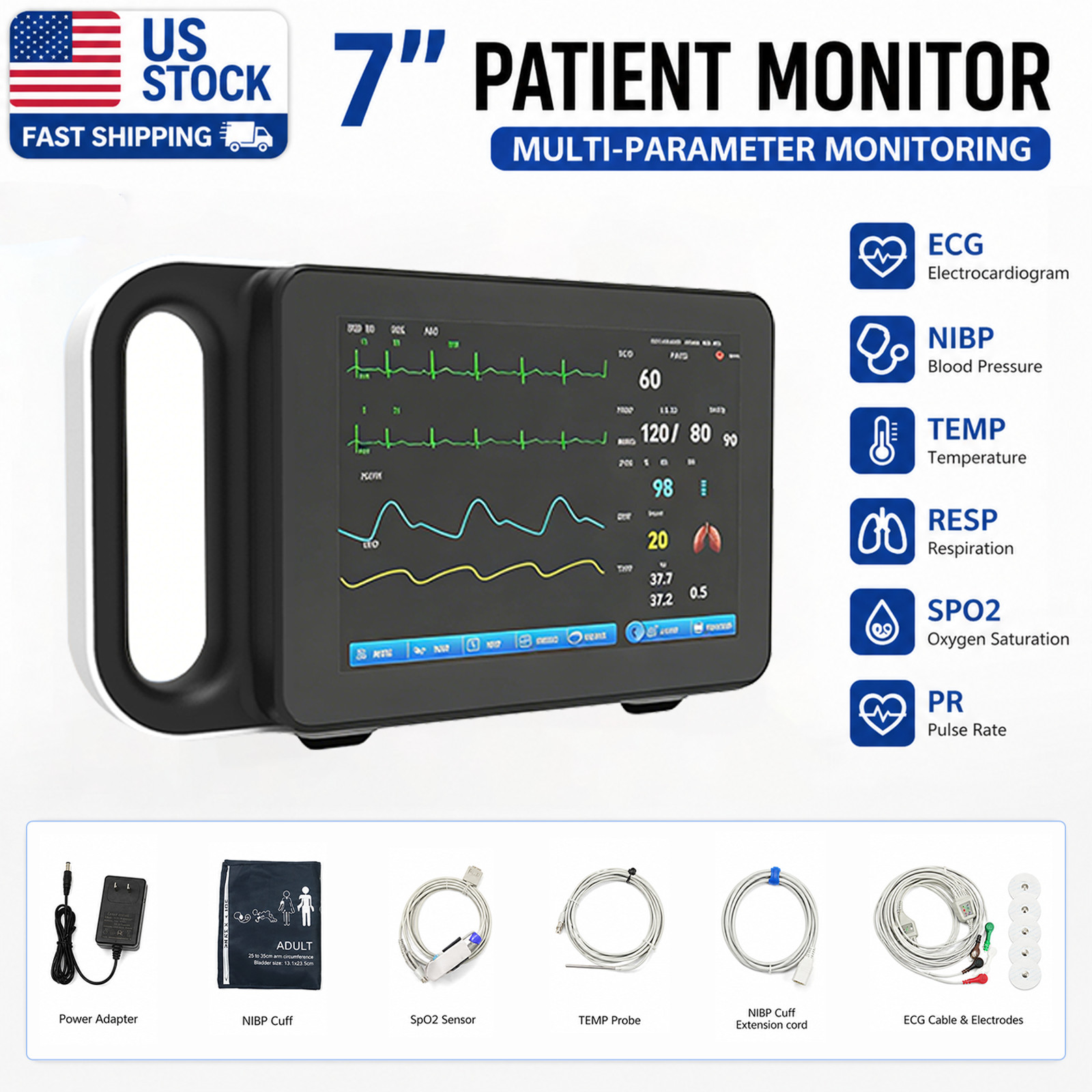 7" Portable Patient Vital Signs Monitor ECG/NIBP/TEMP/RESP/SPO2/PR Handheld