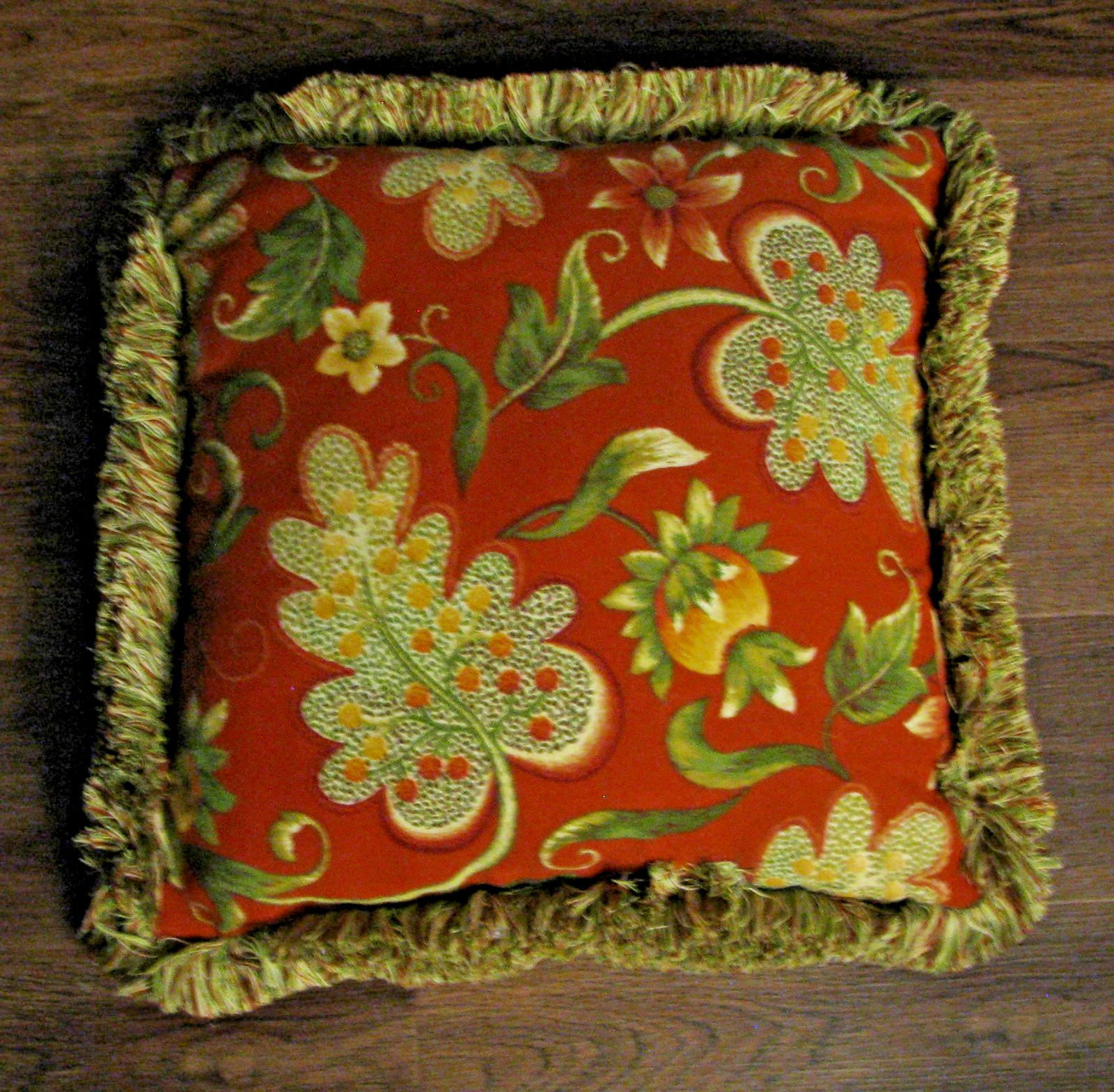 Decorative Throw Pillow, Floral Pattern, Fringe, 15" x 15" x 6.5", Brick Red