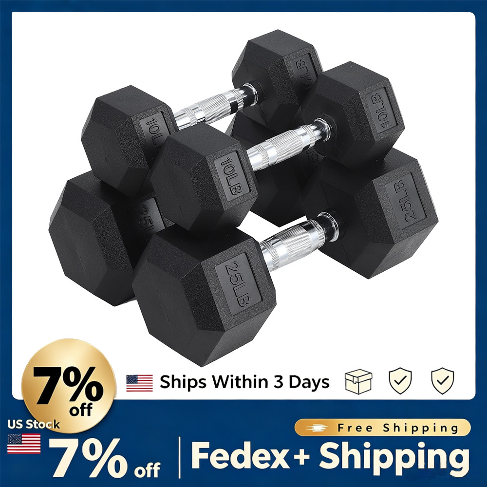 100 LB Rubber Coated Hex Dumbbell Set w/ Non-Slip Chrome Grip Home Gym