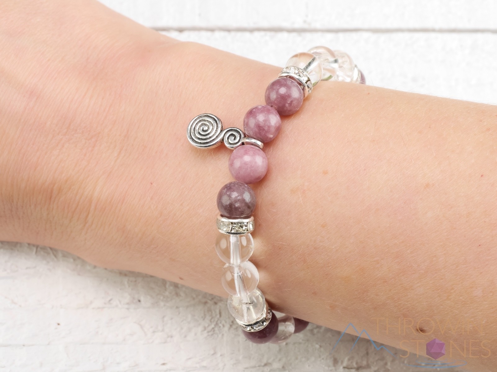 LEPIDOLITE & CLEAR QUARTZ Crystal Bracelet - Spiral Charm, Round Beads, E0975