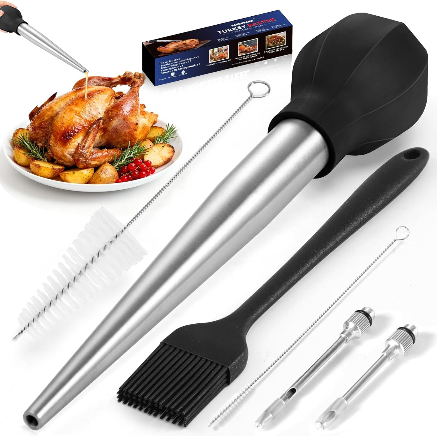 SCHVUBENR Large Turkey Baster Set - Stainless Steel Baster Tool for Cooking - In